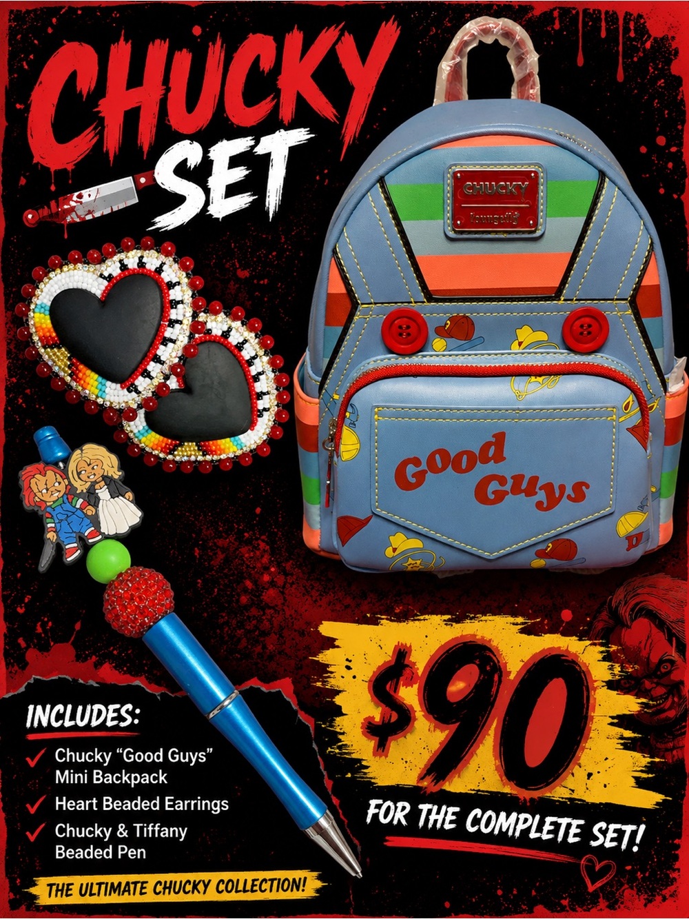 'Good Guys' Kids Mini Backpack + beaded earrings + beaded character pen– Blue